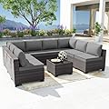 Delnavik Patio Furniture Set 9-Piece Outdoor Furniture for Backyard Wicker Sectional Sofa Set, Rattan Patio Conversation Set with Thickened Cushions and Glass Coffee Table, Grey