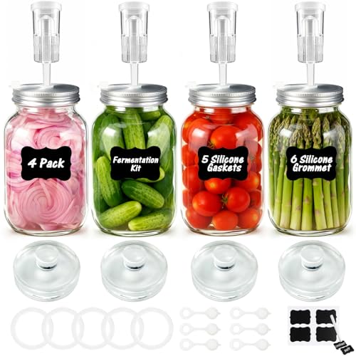 Fermentation Kit for Wide Mouth Mason Fermentation Jar, Fermentation Kit with 4 Glass Fermentation Weights,4 Fermenting Lids,4 Airlocks,5 Silicone Gaskets,6 Silicone Grommets, 9 Stickers（No Jars）