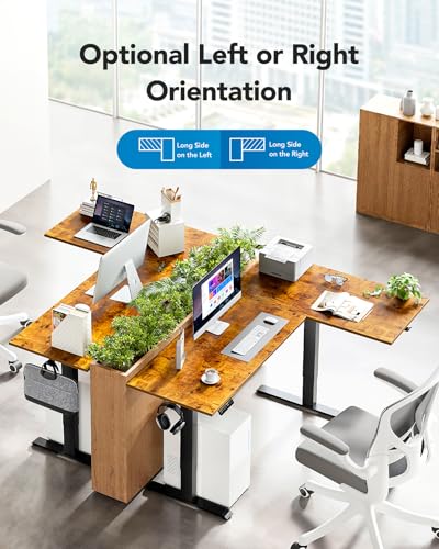 Image of HUANUO Dual Motor 63x40 inch L Shaped Electric Standing Desk with 3 Preset Heights, Electric Height Adjustable Computer Table, 2 Hooks & Cable Tray, Raising Desk for Home Office, Vintage Brown