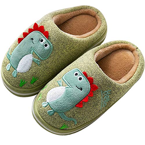 LÄTT LIV Kids Cute House Slippers Cozy Dinosaur Slippers Boys Girls Warm Plush Winter Indoor Shoes Non-Slip(Green,8-9 Toddler)