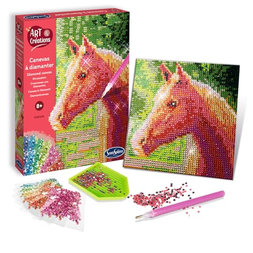 Sentosphère - Art & Créations - Canevas à Diamanter Cheval – Activité manuelle strass – Activité enfants - Tableau pixel - DIY décoratif - Dès 8 ans...