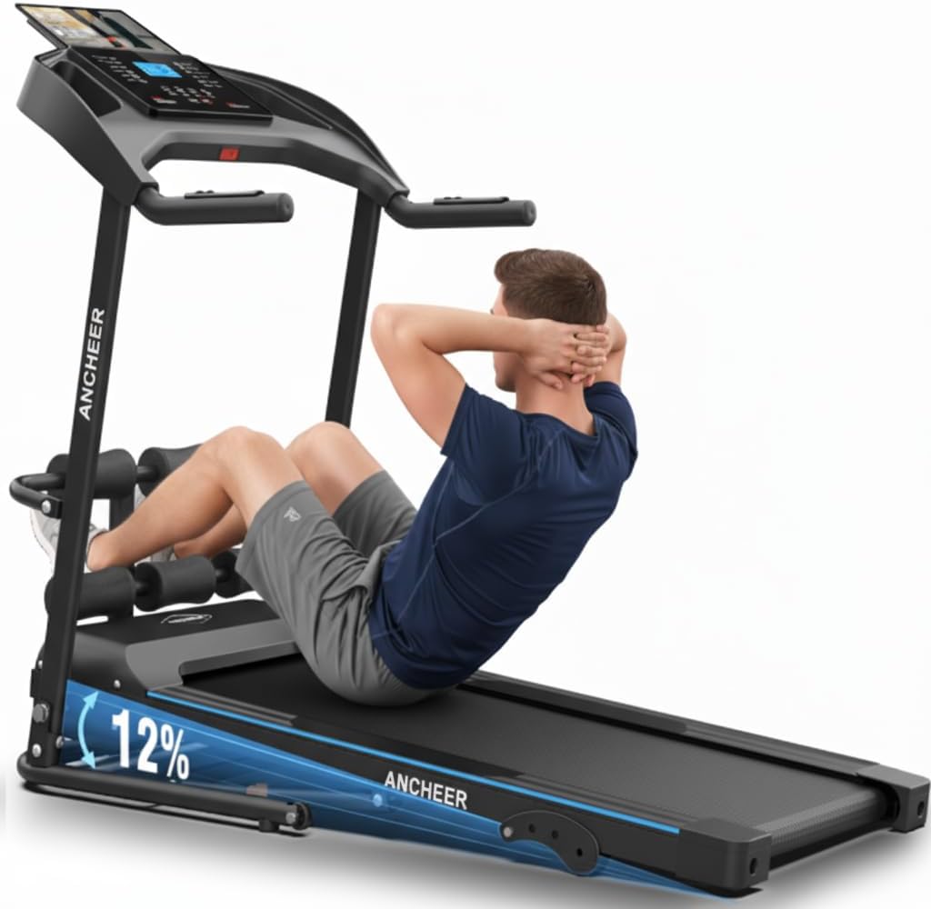 Treadmill with Incline & Sit Up Bench, Smart Treadmills for Home with Body Fat Measurement & Heart Rate Sensor,3.5HP Foldable Heavy Duty Treadmill 350 LB Capacity ANCHEER Walking Pad