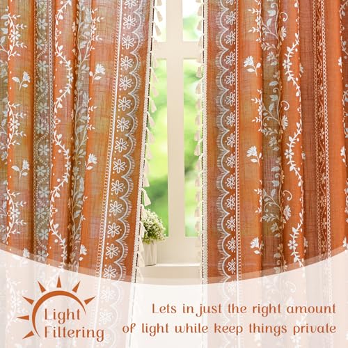 Image of Yinhua Boho Curtains for Living Room 63 Inch Length Vintage Linen Orange Curtains for Bedroom Light Filtering Floral Window Curtain Rod Pocket & Back Tabs Farmhouse Rustic Tassel Drapes with Tiebacks