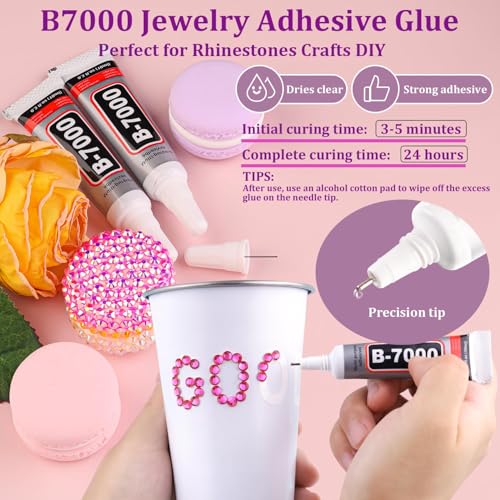 Image of Resin Rhinestones for Crafting with 3Pcs 10ml B7000 Jewelry Glue, 1 Box Hot Pink Flatback Gems Crystals Diamond for Bedazzling Crafts DIY Nail Art Makeup, Gems for Clothing Tumblers Shoes