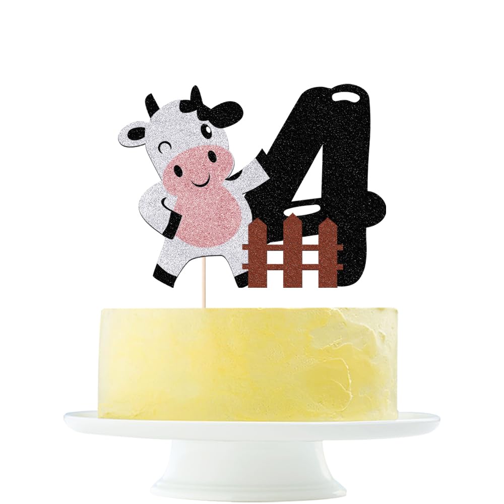 Cow 4th Birthday Cake Topper 4-year-old farm animal cow theme birthday party cake decorations Happy 4th birthday party decorations for boys and girls and cows Happy 4th birthday for cows, cake top hat