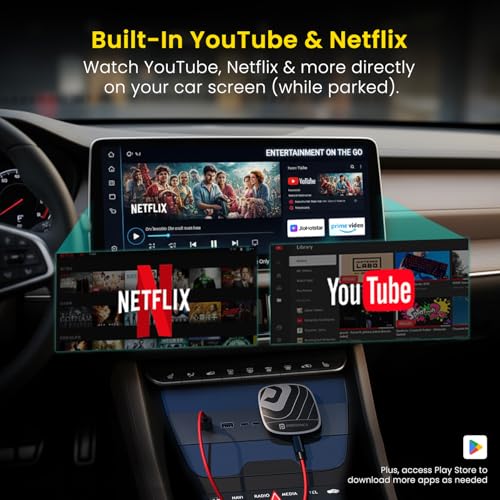 Image of Portronics Tune Plus, 2-in-1 CarPlay & Android Auto Adapter with Inbuilt YouTube, Netflix, Converts Wired to Wireless, 3GB RAM + 32GB ROM, Plug &Play, USB-A & Type-C Compatible, TF Card Slot for Media