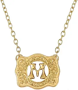 14K Gold Belt Buckle Necklace Western Style Initial Letter Pendant Necklace, Decorative Belt Buckle Frame Design