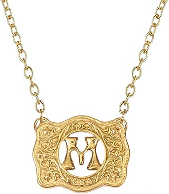 14K Gold Belt Buckle Necklace Western Style Initial Letter Pendant Necklace, Decorative Belt Buckle Frame Design