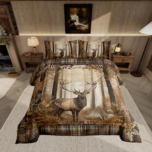 Feelyou Deer Hunting Comforter Set Hunter Themed Bedding Set for Kids Boys Girls Jungle Wild Animal Deer Comforter Soft Quilt Set Twin Size
