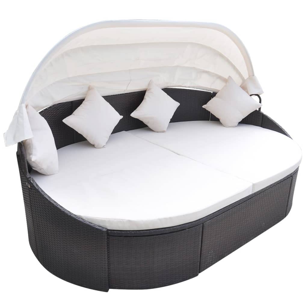 Letto lounge per esterni con tetto in polyrattan marrone, isola solare con baldacchino, 230 x 145 x 80 cm, 4 cuscini e 2 cuscini per seduta, letto da giardino per terrazza, balcone, zona