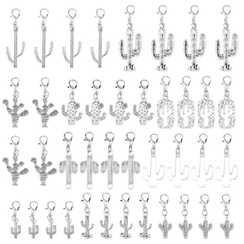 SUPERFINDINGS 40 pièce 10 styles Breloques à Clipser en Forme de Cactus Breloques de Sac en Alliage D'Argent Décoratives avec Fermeture Éclair Pendentifs...
