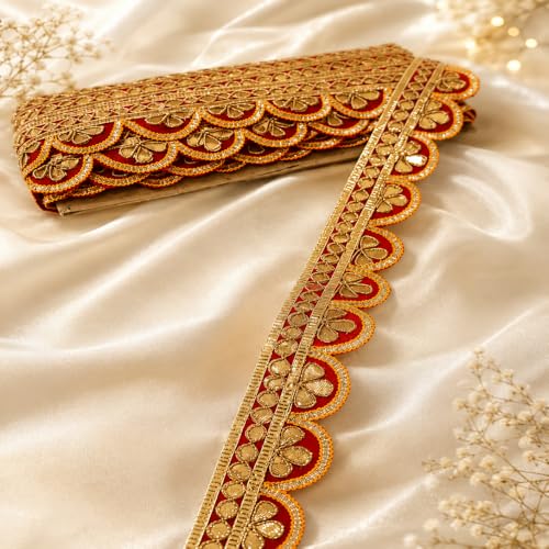 Image of Designer Golden Zari Lace Border for Ethnic Dress Blouse Saree Dupatta Lehenga Chunri Craft Decoration Sewing Embroidery Decorative Trim Roll Red and Gold (RM-LACE47-1)