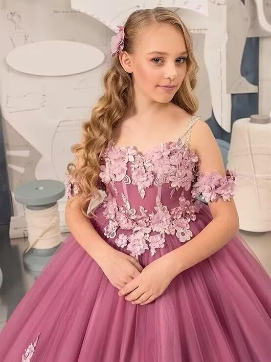 Off Shoulder Tulle Flower Girl Dresses for Wedding Floral Appliques Princess Pageant Party Gown4