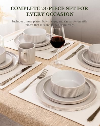 Image of OTAGO 24-Piece Dinnerware Set for 6 with Mugs, Ribbed Stoneware Plates and Bowls Sets, Unique Handcrafted Reactive Glaze, Chip and Scratch Resistant Dish Set, Microwave & Dishwasher Safe, White
