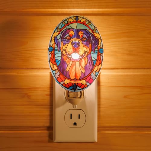 Image of Dog Night Light Rottweiler, Stained Glass Styled Plug-in Wall Nightlight, Bulb Included, Pet Memorial Dog Lover Gift, Bedroom Hallway Bathroom Decor, Manual On /Off Switch