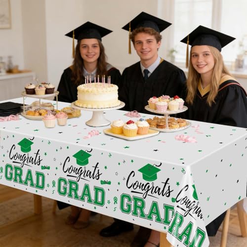Image of Oigco 2026 Graduation Decorations, 2 Pack Green Graduation Tablecloths Class of 2026, Congrats Grad Plastic Tablecloths for Graduation Party Decorations, 54 x 108 Inch