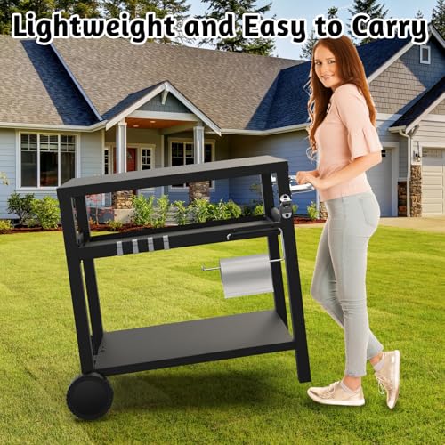 Image of BBQCuker 29.5''x19.6'' Outdoor Grill Cart, Pizza Oven Table Stand, 3-Shelves Food Prep Table for Ninja Woodfire, Ooni Pizza Oven, 17'' & 22'' Blackstone Griddle, Grill Stand for Picnic, Camping