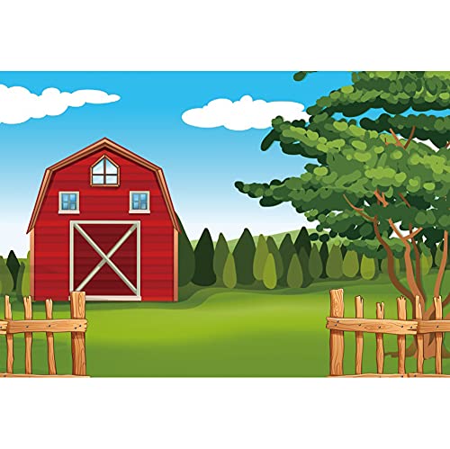 YongFoto 2,2x1,5m Bande Dessinée Ferme Toile de Fond Grange Rouge Prairie Arbre Cl魌ure en Bois Ciel Bleu Nuages Photographie Fond Baby Shower Nouveau-N?Fée Bannière Photo Studio Props Polyester
