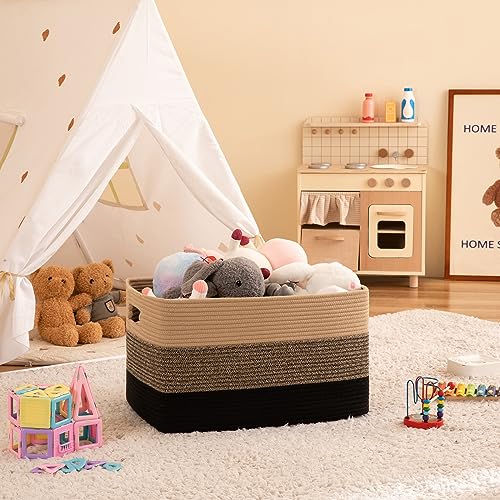 Image of OIAHOMY 108L Large Cotton Rope Basket, Rectangle Woven Baskets for Storage, Nursery Blanket Storage Living Room, Toy Basket With Handle-25 inchx16 inchx16 inch-Yellow Black
