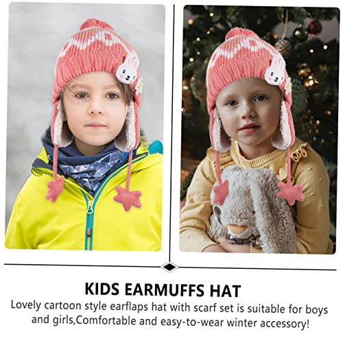 Didiseaon 2pcs Girls Winter Hat Scarf Set Boys and Girls Earflap Hat Circle Scarf Cartoon Style Warm Fibres Pink4