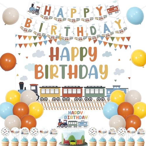Sursurprise Décorations d'anniversaire sur le thème du train, panneau « Happy Birthday » pour décoration de gâteau de transport, véhicule de circulation