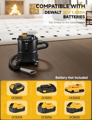 Image of Cordless Ash Vacuum for Pellet Stoves, for DEWALT 20V Max Battery, Pellet Stove Vacuum Cleaner with 2 HEPA Filters, Powerful Suction, 4 Gallons & 4 Wheels, 38 inch Hose for Wood Fireplaces, BBQ Grills