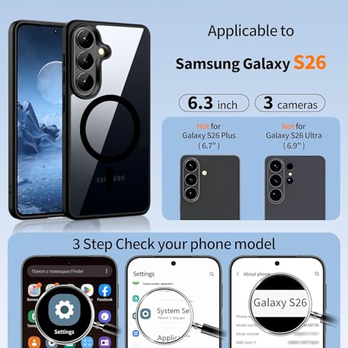 Image of DIZORO Compatible with Samsung S26 Plus 5g Case,Compatible with MagSafe, Non Yellow Military-Grade Drop Protection & Hard PC Back Cover Slim Transparent Anti-Scratch Shockproof Phone Case (Black)