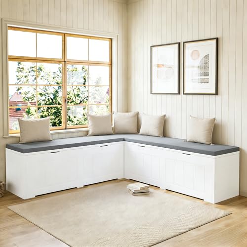 Bvldfamly L Shaped Corner Storage Bench with Cushion,Modern Kitchen Breakfast Nook Bench with Storage,Flip-Top Shoe Storage Bench for Entryway,Hallway,Living Room,White