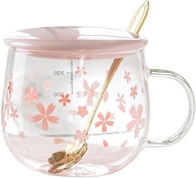Transparent Borosilicate Glass Sakura Cup, Heat Resistant Drinking Glasses With Ceramic Lid, Latte Coffee Mug With Scale, Milk Juice 400ml/13.5 Oz Tea Cup With Handle B,14.1oz