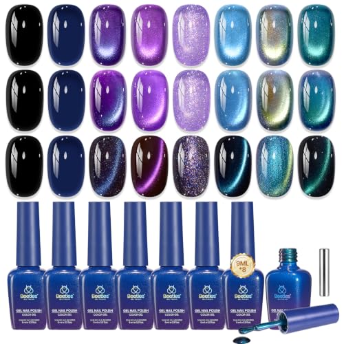 Image of Beetles Cat Eye Gel Polish Set, 8 Colors Magnetic Galaxy Blue Purple Gel Nail Polish with Magnet, Soak Off UV LED Manicure, Starborn Galaxy Aurora Shimmer Shades for Party Gifts