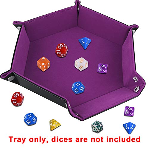 Image of SIQUK Double Sided Dice Tray, Folding Hexagon PU Leather and Velvet Dice Holder for Dungeons and Dragons RPG Dice Gaming D&D and Other Table Games, Dark Violet
