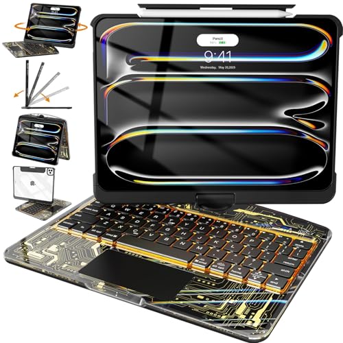 Image of Intermerge Case with Keyboard for iPad Pro 11 M5 /M4 2025 /2024, Transparent | 360 swivel, multi-touch trackpad, 7-color RGB backlit keys, Pencil holder, Type-C charging, power indicator
