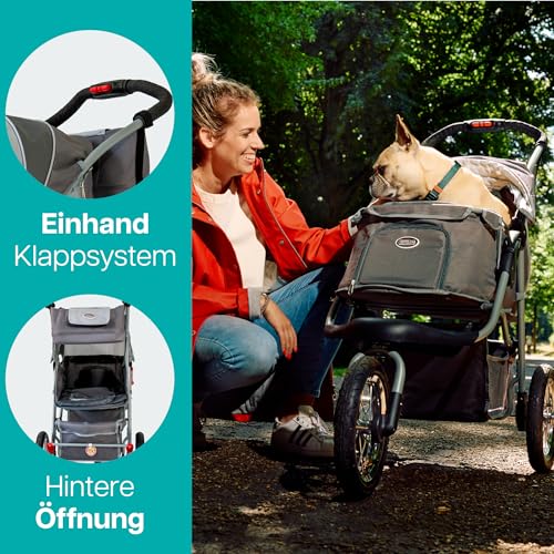 Innopet Comfort Air Eco Grauer Hundebuggy Katzenbuggy - Leichter Hundewagen mit 30cm Luftreifen - Einhändig faltbar - für alle Untergründe und im Gelände - recycelter Nylonstoff