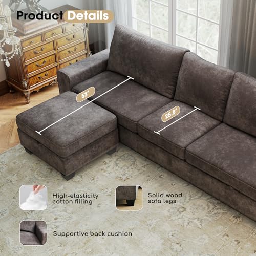 Image of Couchus 112 inch Convertible Storage Sectional Sofa,L Shaped Couch with Storage Ottoman,Multi-Functional Reversible Sofa with Huge Storage Space, Breathable Fabric(Dark Grey)