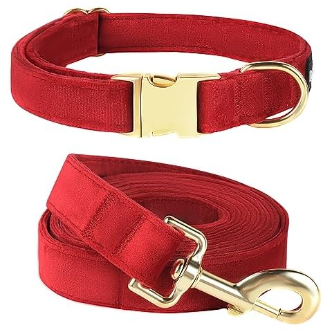 PetiFine Dog Collar and Leash Set, Adjustable Red Dog Collar, Super Soft Velvet Dog Collar and Leash with Metal Buckle for Small Medium Large Dogs Cover