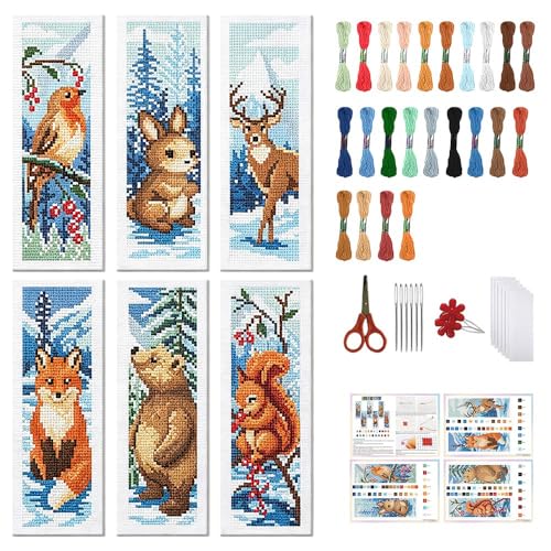 Image of FREEBLOSS 6 Set Cross Stitch Bookmark Kit Winter Animals Pattern Stamped Cross Stitch Kit 11CT Embroidery Kits with Instructions for Beginners Adult 20x6cm /8x2.4inch