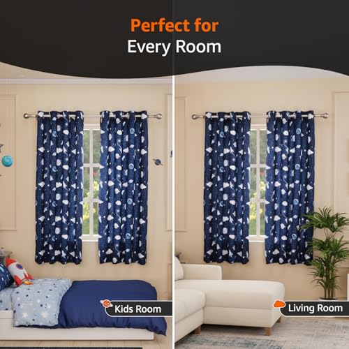 Image of Amazon Basics - Kids Room Darkening Digital Printed Window Curtains, 80-85% Room Darkening | 5 Feet |Set of 2| Digital Print | Kids Curtain |for Living Room and Bedroom | 115cmx 150cm, Design-Galaxy