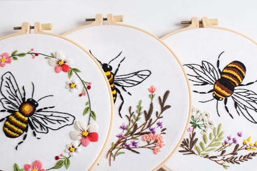 Image of Konrisa Embroidery Kits for Adults Beginner, European Style Bees Collect Honey Stamped Embroidery Starter Kit,DIY Sewing Practice, Needlepoint Cross Stitch Kit,Set of 3