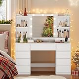 VASAGLE Kailyn Kollektion - Schminktisch mit Spiegel und LED-Leuchten, Steckdosenleiste, 9 Schubladen, 9 dimmbare Glühbirnen, 3 Lichtfarben, werkzeuglose Gleitschienen, wolkenweiß RDT141WB02