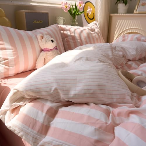 Image of VM VOUGEMARKET Pink Stripes Duvet Cover Set Queen Teens Girls Dorm Bedding Set Soft Lightweight Reversible Microfiber Farmhouse Duvet /Quilt Cover-90 x90,Pink White