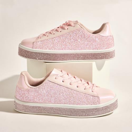 Image of UUBARIS Women's Glitter Tennis Sneakers Neon Dressy Sparkly Sneakers Rhinestone Bling Wedding Bridal Shoes Shiny Sequin Shoes