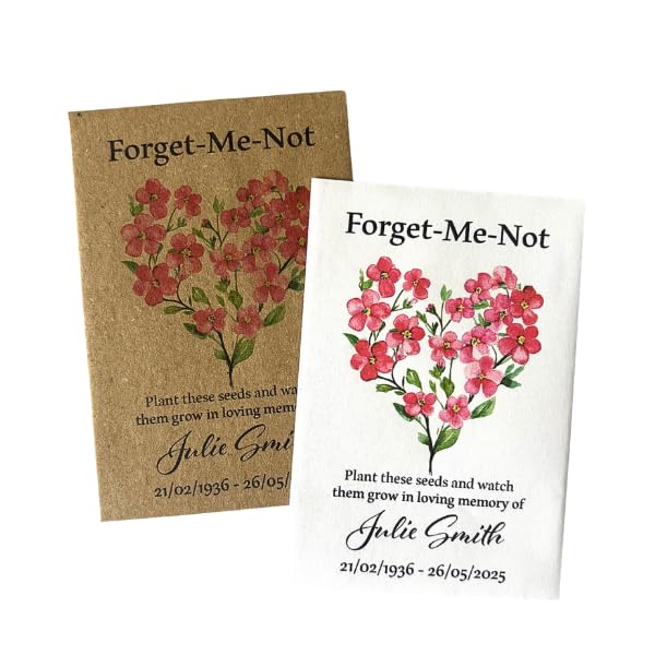 Personalised Forget Me Not Funeral Seed Packet Favours, Pink Forget Me Not Seeds Included, Memorial Funeral Favours, Pack of 10 Favours (Watercolour Heart)