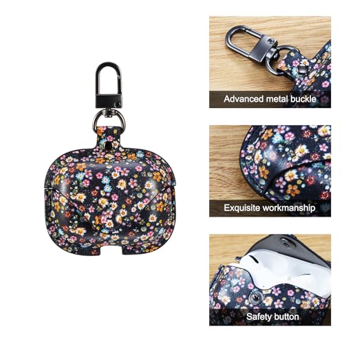 Image of Genuine Leather Case Compatible with AirPods Pro 3rd Gen (2025), VOMA Protective Cover for Apple AirPods Pro 3 Wireless Charging Case with Keychain and Snap Lock Colorful Floral