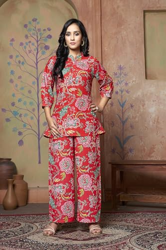Image of DHRUVI TRENDZ Co Ord Set for Women Stylish | Ethnic Short Kurti for Women | Stylish Summer Printed Kurta Sets for Woman | A-Line Dress for Woman | 3 /4 Sleeve Top with Relaxed Fit Pant