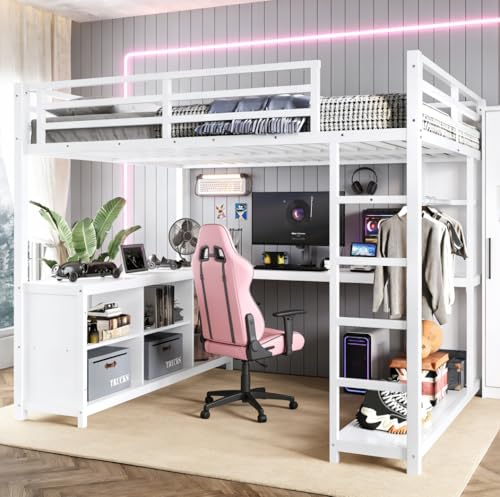 Image of Bellemave Full Size loft Bed with L Desk, Wardrobe, Metal Full Loft Bed Frame for Adults, Kids, Teens, White