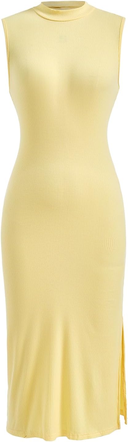 Women's Mock Neck Sleeveless Dress Elegant Bodycon Midi Ribbed Knit Work Office Dresses