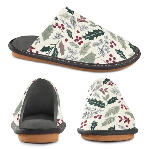 Slippers for Women Green Holly Leave Pattern Soft Winter Warm Shoes Indoor Outdoor Non-Slip House Travel Slippers4