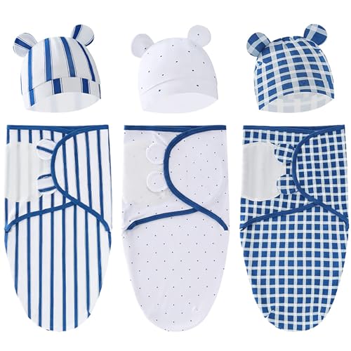 Image of Baby Swaddle Sleep Sack with Hat Set for 0-3 months 3-Pack Soft Cotton Newborn Wearable Swaddle Wrap for Girls Boys (Blue Set)