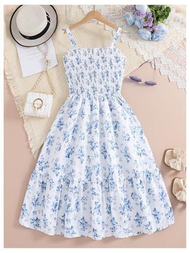 WDIRARA Girl's Floral Print Smocked Cami Dress Bow Tie Shoulder A Line Flowy Dress2