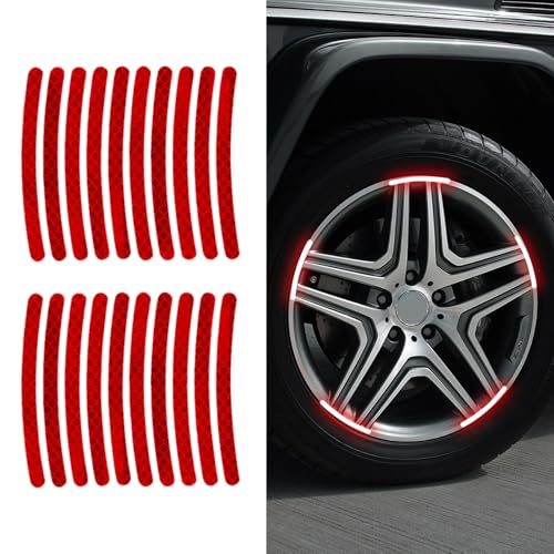 Image of 20PCS Reflective Car Wheel Decorative Stripe Stickers, Reflective Car Decal, Anti-Scratch Reflective Rim Stickers, Night Safety Warning Car Stickers Universal for Vehicles Motorcycles (Red)